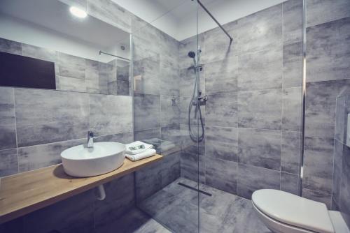 a bathroom with a sink and a shower at Villa Rosa in Timişoara