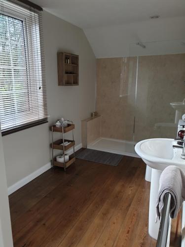 een badkamer met een witte wastafel en een bad bij The Retreat in Redlynch