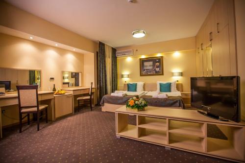 ein Hotelzimmer mit einem Bett, einem Schreibtisch und einem TV in der Unterkunft Hotel Srbija in Vršac