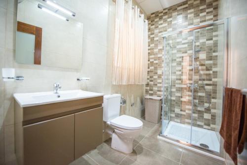 y baño con aseo, lavabo y ducha. en Vittoriosa Seafront Highly Furnished Apartment FL 4, en Birgu
