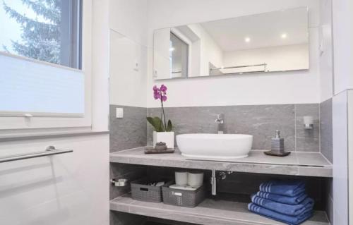 a white bathroom with a sink and a mirror at Falkenapartment Berlin in Berlin