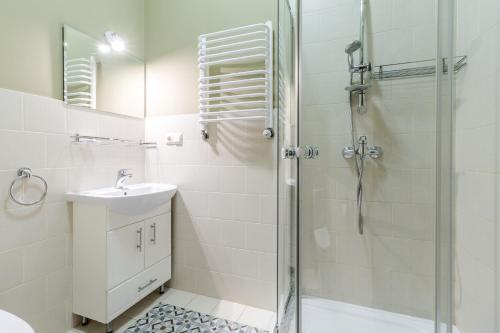 un bagno con doccia e lavandino di Apartment on Stavropihiiska Street 2 a Lviv