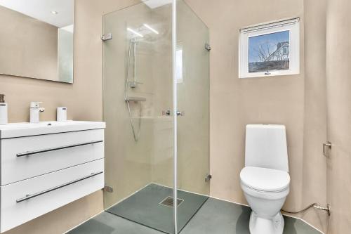 y baño con aseo y ducha acristalada. en Central Studio Apartment Apt 101 en Stavanger