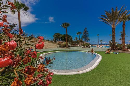 ein Pool im Gras mit Leuten um ihn herum in der Unterkunft Oasis in Los Cristianos