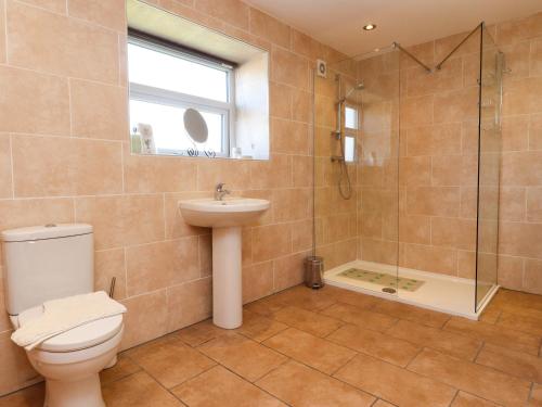 a bathroom with a toilet and a sink and a shower at Jess Cottage in Skipton
