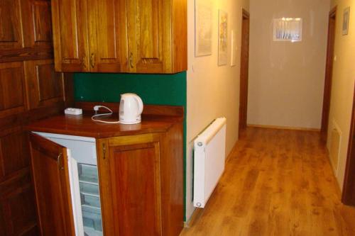 a kitchen with wooden cabinets and a counter top at Dom pod Dziką Gruszą in Piecki