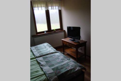 a room with a bed and a table with a television at Dom pod Dziką Gruszą in Piecki