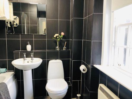 La salle de bains est pourvue de carrelage noir, de toilettes et d'un lavabo. dans l'établissement FYNE VIEW APARTMENT, à Inveraray