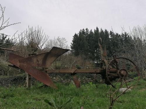 an old metal object sitting in the grass at Casa Rural el Enebral en Potes Picos de Euopa in Colio