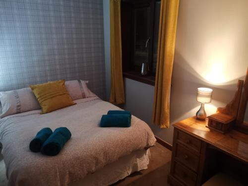 1 dormitorio con 1 cama con 2 almohadas azules en 2 Raasay Court, en Portree