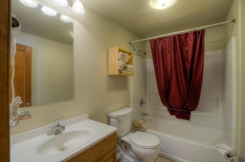 a bathroom with a toilet sink and a red shower curtain at Powder House Lodge in Keystone
