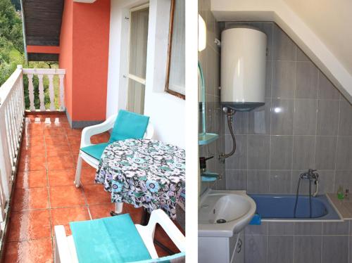 2 Bilder von einem Balkon mit einem Tisch und einem Stuhl in der Unterkunft Gajanovic Rooms in Donji Milanovac