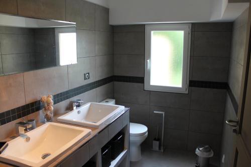 een badkamer met een wastafel, een toilet en een spiegel bij E Cabanacce in Aléria