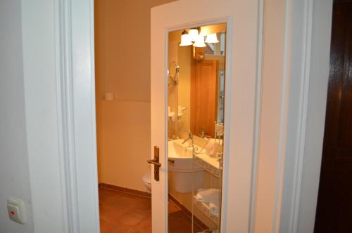 a bathroom with a sink and a toilet and a mirror at Altstadthotel Twardokus in Aurich