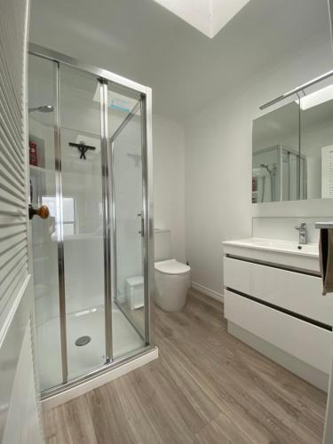 a bathroom with a glass shower and a toilet at Terrace Apartment in Timaru