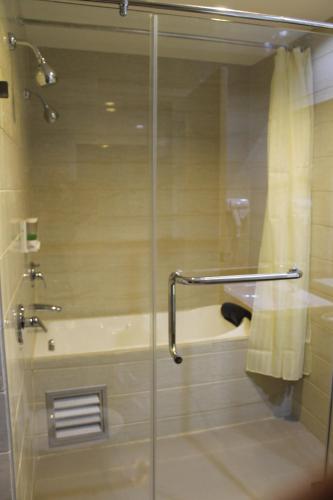 a bathroom with a shower and a bath tub at Dreamtel Jakarta in Jakarta
