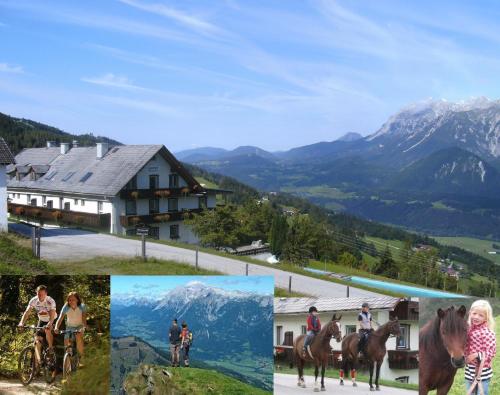 eine Collage mit Fotos von Pferdereiten und einem Haus in der Unterkunft Berggasthof Schwaigerhof in Haus im Ennstal