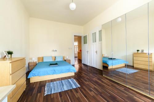 ブダペストにあるArpa Flat Sunnyのベッドルーム(青いベッド1台、鏡付)