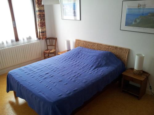 1 dormitorio con 1 cama con edredón azul en Gite Barbier, en Die