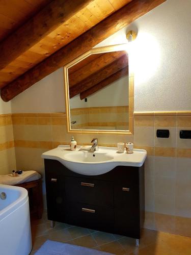 a bathroom with a sink and a mirror and a toilet at Baita Eleonora in Argegno