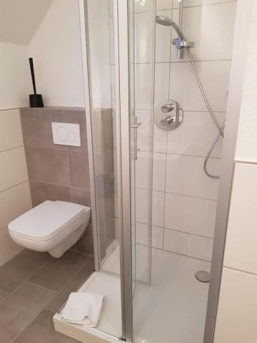 a bathroom with a shower and a toilet at WH Boardinghouse in Papenburg