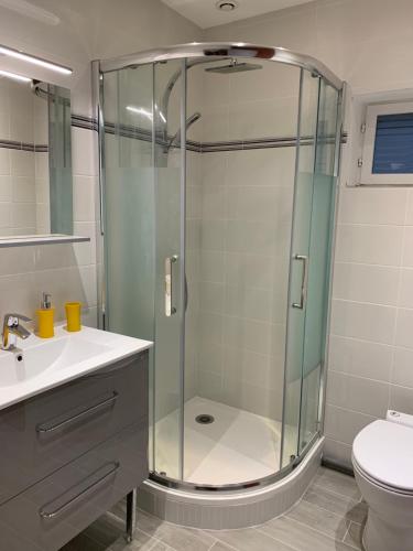 a bathroom with a shower with a sink and a toilet at Clos des Ursulines in Bayeux