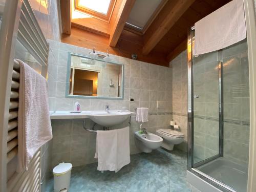 een badkamer met een wastafel, een toilet en een douche bij Agriturismo la Chiusola in Ozzano dell Emilia