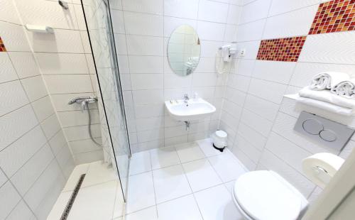 a bathroom with a shower and a toilet and a sink at Hotel Phenix in Brussels