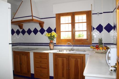 a kitchen with a sink and a vase of flowers at Apartamento Playa de Regla, Aire acondicionado, Garaje in Chipiona
