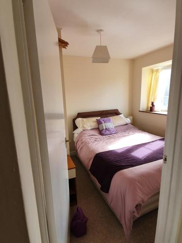 a bedroom with a bed with purple sheets and a window at Davy Cottage in Menheniot