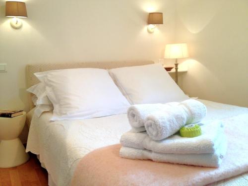カンヌにあるAppartements 7 Florianのタオルが敷かれたベッドのある寝室