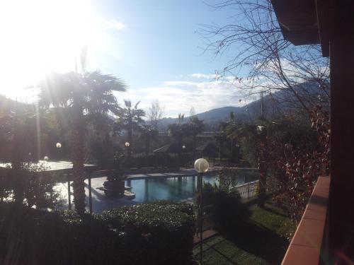 a view of a swimming pool in a yard at Hotel Miami in Civitella del Tronto