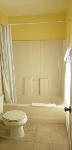 a bathroom with a toilet and a bath tub at Europa Inn & Suites in Desert Hot Springs