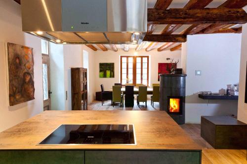 a kitchen with a stove and a fireplace in a room at Herrenhaus Schluchsee in Schluchsee