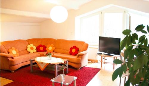 a living room with an orange couch and a television at Ferienwohnung Haus Edith in Laufenburg in Laufenburg