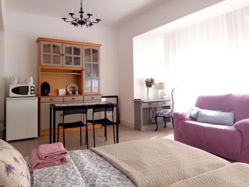 sala de estar con sofá, mesa y cocina en Mini-apartment Donna Rosa D'Alvadorez, en Alicante