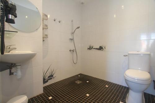 a bathroom with a toilet and a sink at Hôtel Le Vert Bois in Dolus d'Oléron