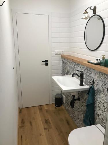 a bathroom with a sink and a mirror at Ubytování Zahrada in Mutěnice