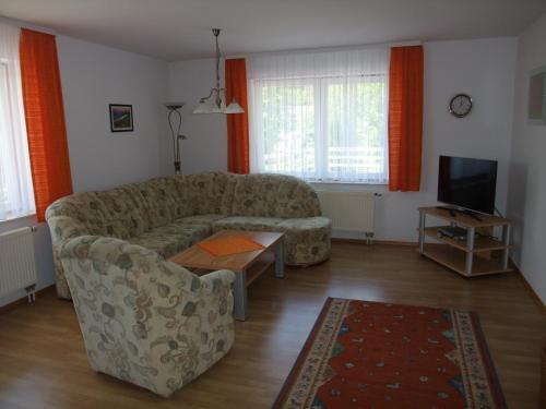 a living room with a couch and a tv at Ferienhaus Hubertus in Elend mit Balkons in Elend