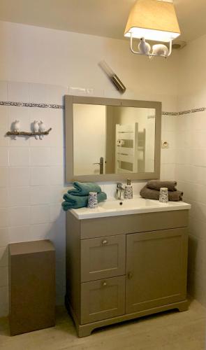 une salle de bain avec un lavabo et un miroir dans l'établissement Jolie Vue Cité, aux pieds des remparts, à Carcassonne