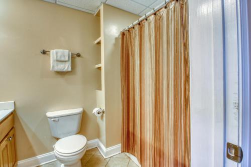 a bathroom with a toilet and a shower curtain at Alpine Retreat in Helen