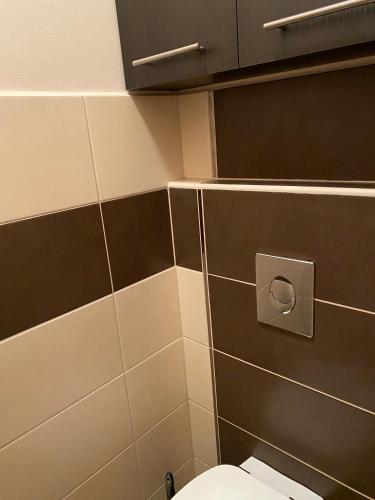 a bathroom with a toilet and black and white tiles at City center Zalaegerszeg in Zalaegerszeg