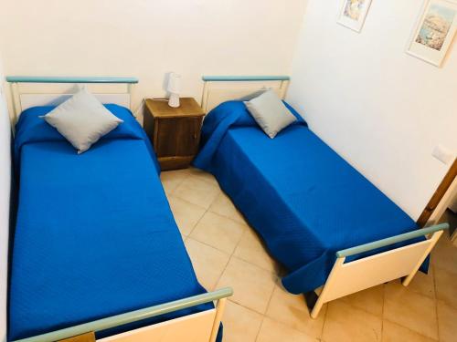 twee bedden in een kamer met blauwe lakens bij Cugnana Country Escape in Olbia