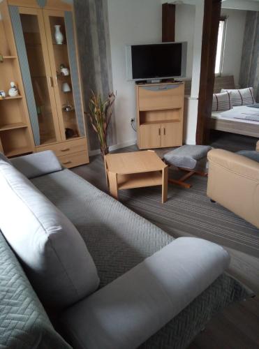 a living room with a couch and a tv at Ferienwohnung Schroiff in Simmerath