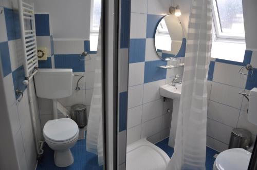 a bathroom with a toilet and a sink and a mirror at MANEA Orsova in Orşova