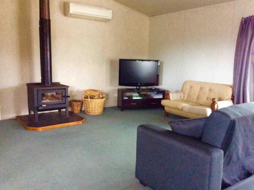 uma sala de estar com lareira e televisão em Irishman Retreat em Twizel