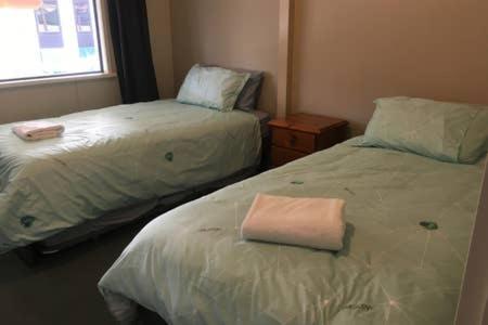 Duas camas num pequeno quarto com uma janela em Irishman Retreat em Twizel