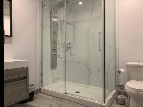 a shower with a glass door in a bathroom at Hôtel St-Alexis in Saint-Raymond