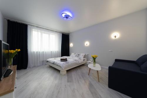 ein Wohnzimmer mit einem Bett und einem Sofa in der Unterkunft Красивая 1 комнатная квартира с балконом на Теремках 252 in Kiew