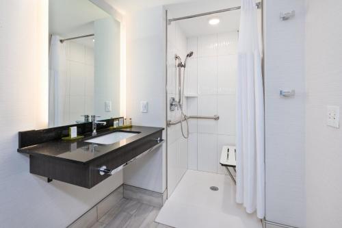 uma casa de banho com um lavatório e um chuveiro em Hotel Indigo Rochester - Mayo Clinic Area em Rochester